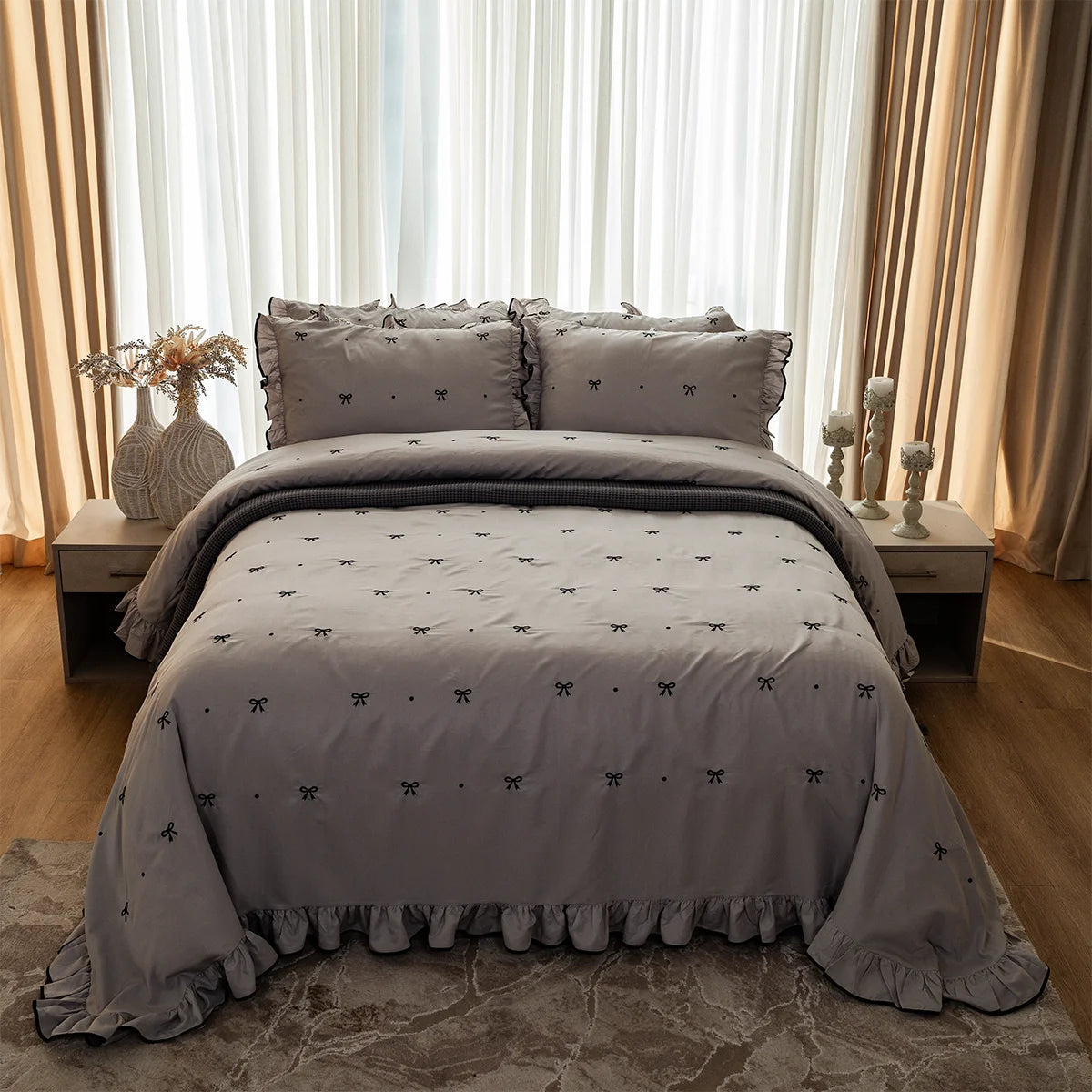 Bow Ruffle Cotton Sheet Set (Embroidered)