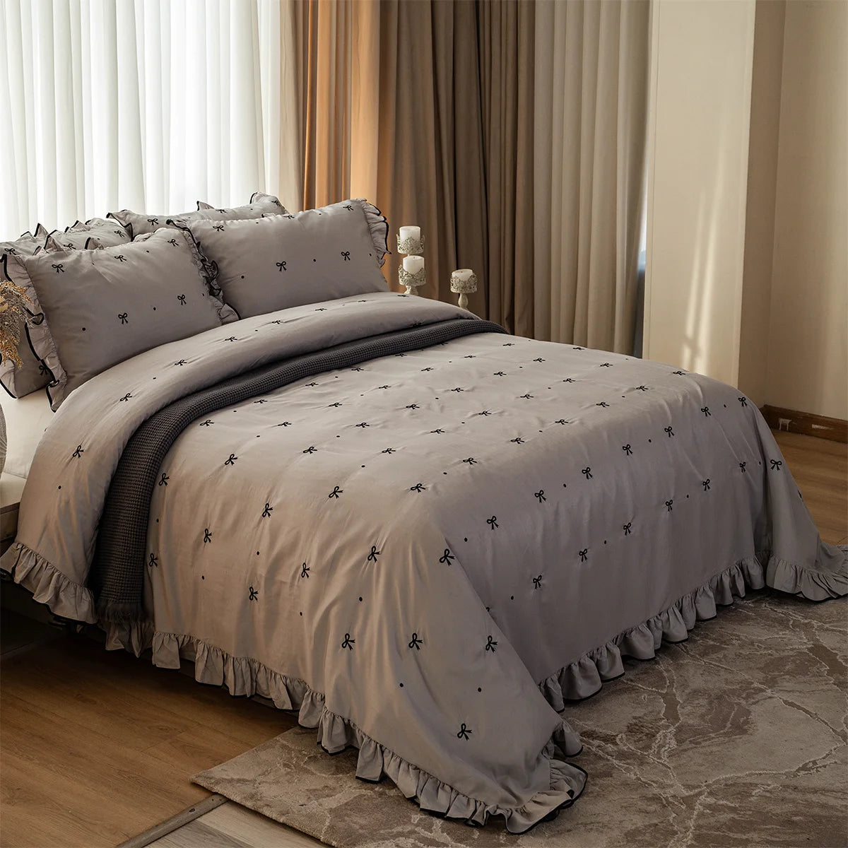 Bow Ruffle Cotton Sheet Set (Embroidered)