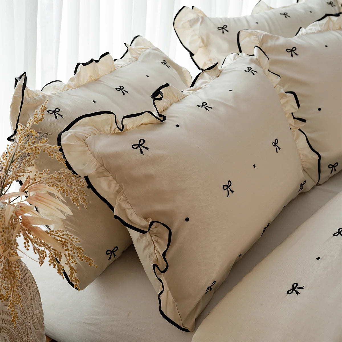 Bow Ruffle Cotton Sheet Set (Embroidered)
