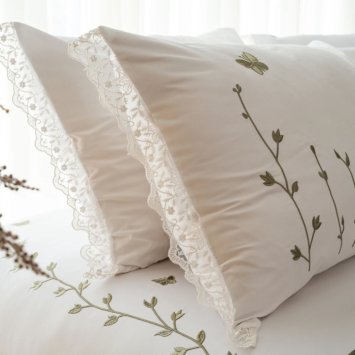 Butterfly Embroidered Lace Cotton Sheet Set