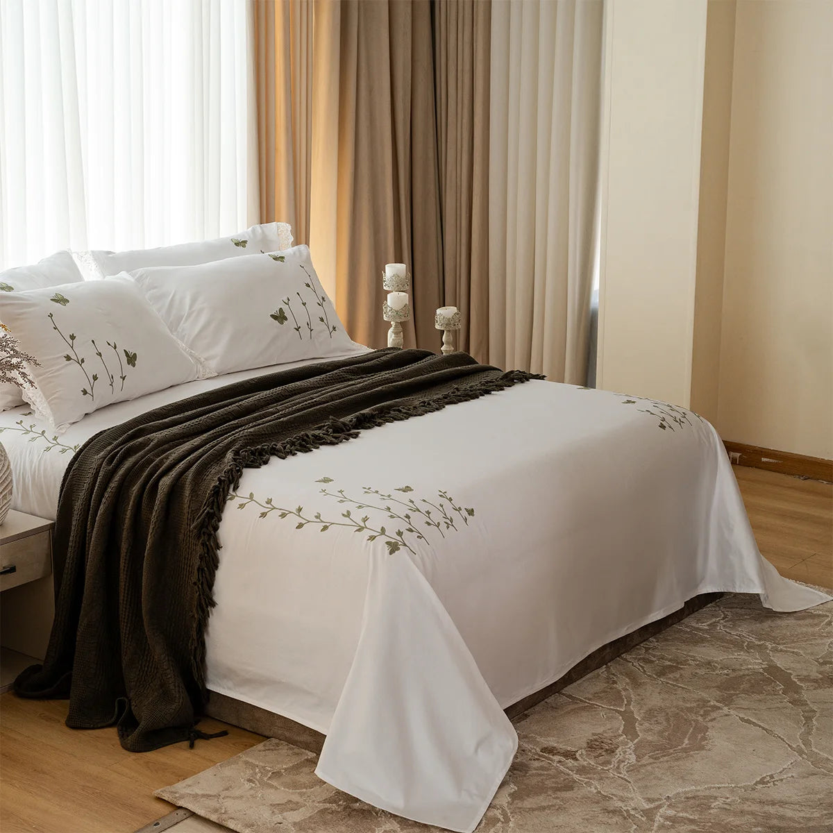 Butterfly Embroidered Lace Cotton Sheet Set