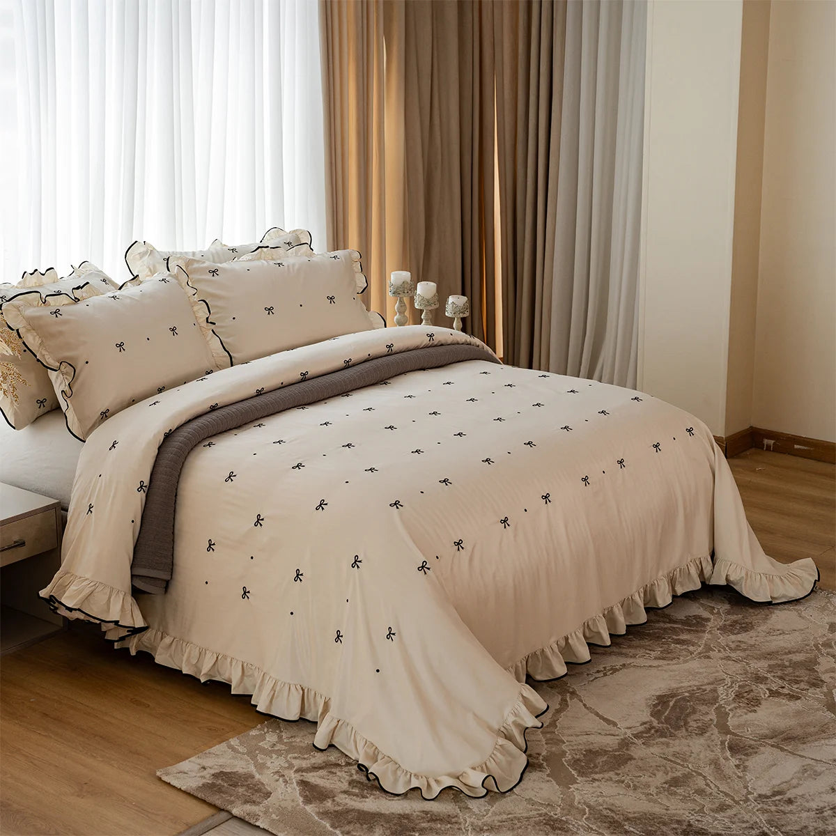 Bow Ruffle Cotton Sheet Set (Embroidered)