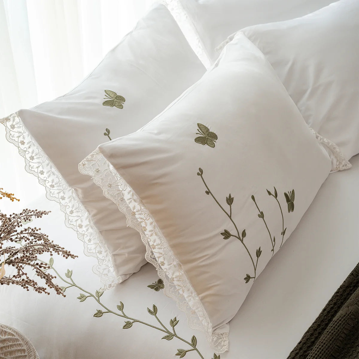 Butterfly Embroidered Lace Cotton Sheet Set